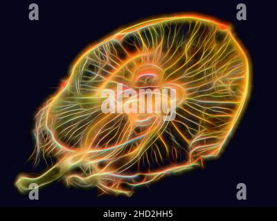 Digital modifiziertes Unterwasserfoto von orangen Quallen vor dunklem Hintergrund Stockfoto