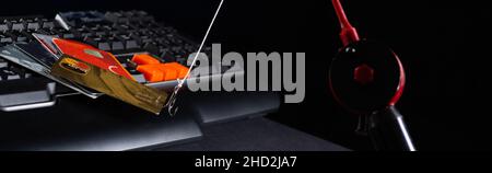Internetbetrug mit Computertechnologie, Diebstahl von Geld im Internet, Diebstahl von Kreditkartendaten. Angelrute und Haken fing eine Kreditkarte. Stockfoto