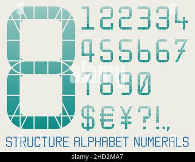 Architekturalphabetziffern Glyphen in Verlaufsfarbe mit sichtbarem Konstruktionsraster Stock Vektor