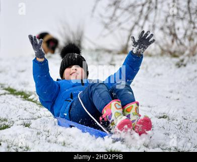 Im Bild: Kerry Jessica McBeth (9) aus Armadale hat Spaß im Schnee. Die ersten Schneefälle in Zentralschottland bedeuteten für Kinder in Armadale, West Lothian, Spaß im Schnee. (c) Dave Johnston Stockfoto