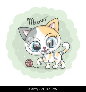 Meow. Weiße Katze mit großen Augen spielt mit einem Ball. Vektor Stock Vektor