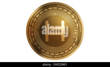 3D Rendering von Gold Hedera HBAR Cryptocurrency Sign isoliert auf weißem Hintergrund Stockfoto