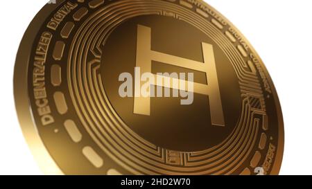 Goldene Kryptowährung von Hedera HBAR-Zeichen isoliert auf weißem Hintergrund Stockfoto
