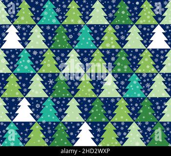 Winterschnee nahtloses Muster. Weihnachtliche Ikone Nahtloses geometrisches Muster mit Neujahrsbaum. Weihnachten Urlaub Schneeflocken und Tannenbaum festlichen decorati Stock Vektor