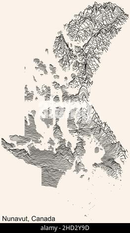 Topographische Reliefkarte des kanadischen Territoriums von NUNAVUT, KANADA mit schwarzen Konturlinien auf beigem Hintergrund Stock Vektor