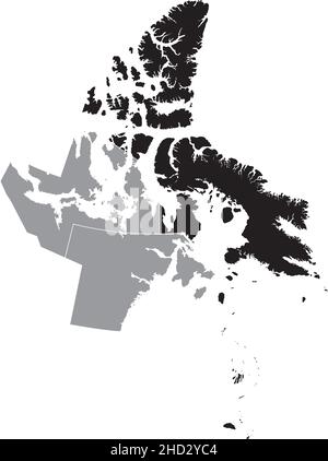Schwarz-flacher, unbeschriftete Standortkarte der QIKIQTAALUK-BAFFIN-Region innerhalb einer grauen Verwaltungskarte des kanadischen Territoriums von Nunavut, Kanada Stock Vektor