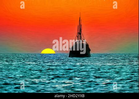 Piratenschiff Ocean Sunset Silhouette ist ein altes hölzernes Piratenschiff mit vollen Flaggen, wenn die Sonne am Ozeanhorizont in einem bunten Sonnenuntergangshimmel untergeht Illustr Stockfoto