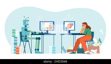 Abbildung des flachen Vektorgrafiks von Roboter und Mensch. Robotermaschine und müde Frau am Computer im Büro. Humanoid versus Person. Künstliche Intelligenz fordert Mitarbeiter heraus. Moderne ai-Technologie. Stock Vektor