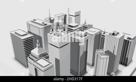 Abstrakte Animation von 3D architektonischen Maßstab Modell der großen modernen Innenstadt auf weißem Hintergrund. Einfache 3D Animation gerendert in 4K Stockfoto