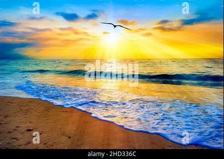 Eine Vogel-Silhouette fliegt dem Licht entgegen, während Sonnenstrahlen aus dem Ocean Sunset Sky ausgehen Illustration Stockfoto