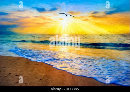 Eine Vogel-Silhouette fliegt dem Licht entgegen, während Sonnenstrahlen aus dem Ocean Sunset Sky ausgehen Illustration Stockfoto