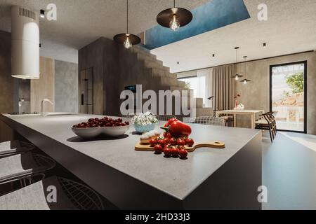 3D Rendering von modernen, zeitgenössischen Villa Interieur mit Kücheninsel mit dem Esszimmer verbunden Stockfoto