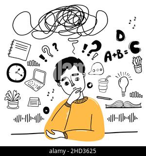 Großer Satz von Linienzeichnungen über Gedanken und Aufgaben. Nachdenklicher Mann, Gedanken und Formeln, Bücher, Studie, Laptop. Vektorgrafik in handgezeichneter Doodl Stock Vektor