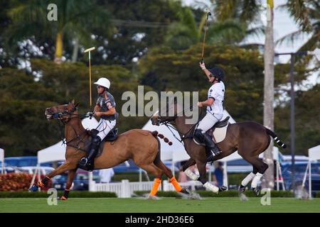 Wellington, USA. 02nd Januar 2022. Iglehart Cup Finale zwischen dem La Fe Polo Team und Beverly Polo im International Polo Club. Kredit: Yaroslav Sabitov/YES Market Media/Alamy Live Nachrichten Stockfoto