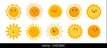 Sun Emotion Zeichentrickfigur gesetzt. Gesichter Sommer niedlichen gelben Sonnen Kollektion. Solar lustig kindisch sonnig. Lächelnder Sonnenschein mit Sonnenstrahlen. Isolierter abstrakter Vektor Clipart Illustration weißer Hintergrund Stock Vektor