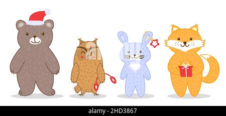 Waldtiere eingestellt. Bär, Fuchs, Eule, Hase, Hase, Kaninchen. Weihnachtsfiguren mit Kleidungsstücken im Neujahrsdesign. Flauschiges Fell Cartoon-Freunde-Figuren für Grußkarten und Haushaltsprodukte Stock Vektor
