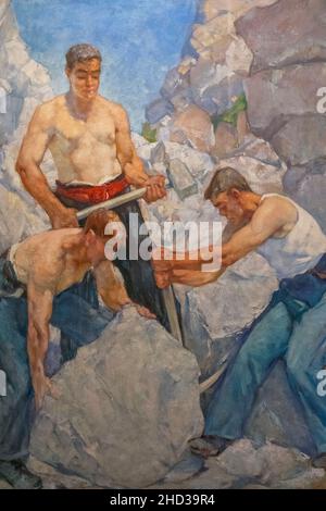 England, Dorset, Dorchester, Dorset Museum, Gemälde mit dem Titel „Dorset Quarrymen, Three Workers“ von Alfred Palmer aus dem Jahr 1940 Stockfoto