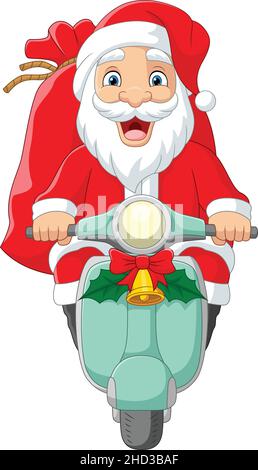 Cartoon santa claus auf einem Motorroller mit rotem Sack Stock Vektor
