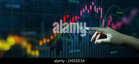 Geschäftsmann Finger-Touch-Symbol Aktiendiagramm und Diagramm mit Business Candlestick. Online-Handel, Investitionen, Strategie-Marktplan und Aktienmarkt. Stockfoto
