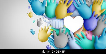 Vereintes Gesundheitskonzept und kommunale Krankenhausmitarbeiter oder medizinische Gruppe für die Grundversorgung als Symbol für die medizinische Teamarbeit als Gruppe von Ballons. Stockfoto