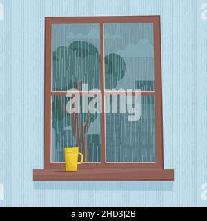 Regen vor dem Fenster. Niedliche Vektor-Illustration in flachem Stil Stock Vektor