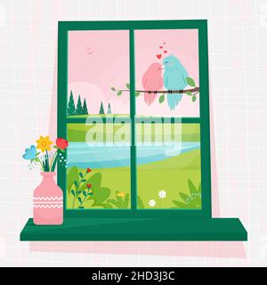 Frühlingsfenster mit Blick auf ein paar Vögel auf einem Ast, eine Vase mit Blumen auf der Fensterbank. Niedliche gemütliche Vektor-Illustration in flachem Stil Stock Vektor
