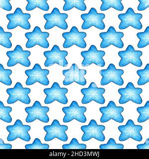 Aquarell Illustration Muster von blauen Himmelskörpern. Nahtlos wiederholender Hintergrund mit handgezeichneten Sternen. Vorlage für ein Raumbanner oder Poster. Stockfoto