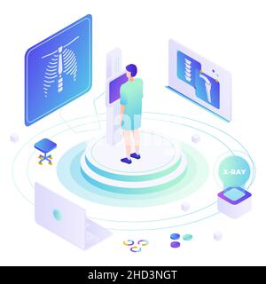 Fluorographie, Thorax-Röntgen-Scan, flache Vektor-isometrische Darstellung. Roentgen-Fotografie, Radiographie, Lungenuntersuchung. Stock Vektor