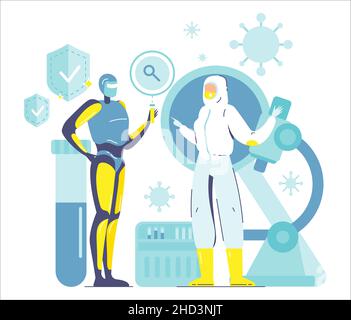 Roboter und Mensch im Gefahrgutanzug, die während des Coronavirus im Labor arbeiten. Sicherheit und Überlegenheit von Robotern. AI vs. Mensch, Vektor. Stock Vektor