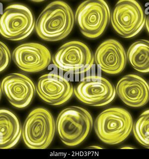 Große, windige, wirbelig wirbelnde Spiralkreise, die handgezeichnet in einer goldgelben nahtlosen Fliese aussehen. Stockfoto