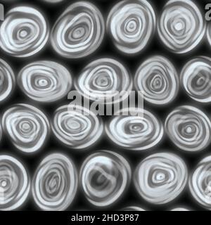 Große, winklige, wirbelig wirbelnde Spiralkreise, die handgezeichnet in einer grauen, nahtlosen Kachel aussehen. Stockfoto