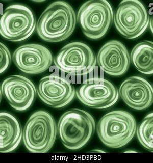 Große, winklige, wirbelig wirbelnde Spiralkreise, die in einer grünen, nahtlosen Fliese von Hand gezeichnet aussehen. Stockfoto