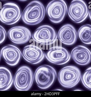 Große, winklige, wirbelig wirbelnde Spiralkreise, die von Hand gezeichnet in einer nahtlosen Lavendel-, lila- und Fliederfliese aussehen. Stockfoto