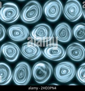 Große, winklig wirbelnde Spiralkreise, die handgezeichnet in einer nahtlosen türkisen, aqua- und cyanfarbenen Kachel aussehen. Stockfoto