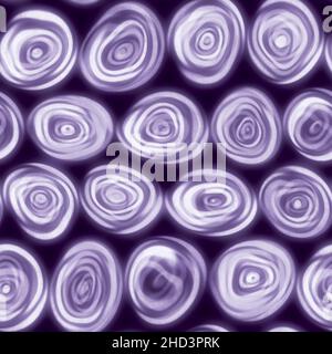 Große, winklig wirbelig wirbelnde Spiralkreise, die handgezeichnet in einer violetten, violetten, nahtlosen Fliese aussehen. Stockfoto