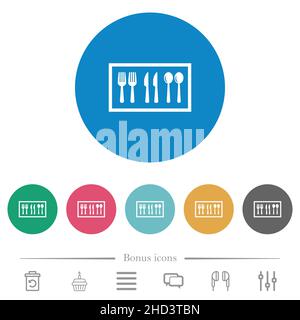 Flache weiße Symbole auf runden farbigen Hintergründen in der Besteckbox. 6 Bonus-Symbole enthalten. Stock Vektor
