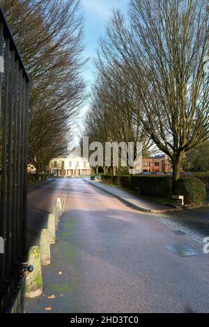 Eintritt zum Wolfson College, Universität Cambridge, England. Stockfoto