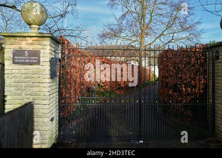 Eintritt in die Präsidentenloge am Wolfson College, Universität Cambridge, England. Stockfoto