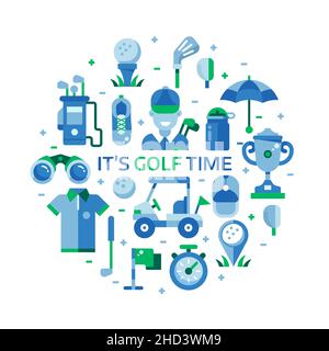 Golf Time Print mit Golf-Symbolen in Circle Stock Vektor