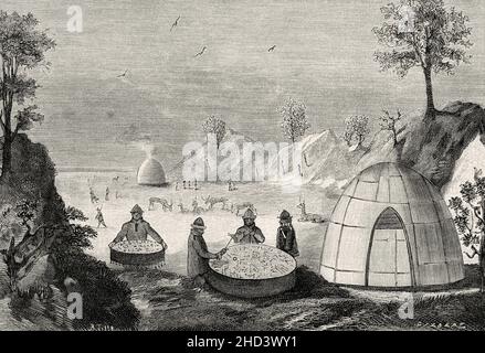 Der lappländische Zauberer sagt die Zukunft mit einer Zaubertrommel voraus. Alte, gravierte Illustration aus dem 19th. Jahrhundert von La Nature 1885 Stockfoto