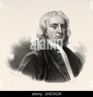 Sir Isaac Newton (1642-1726) war ein englischer Mathematiker, Physiker, Astronom, Theologe und Autor, Anerkannt als einer der größten Mathematiker, Physiker und einflussreichsten Wissenschaftler aller Zeiten. Er war eine Schlüsselfigur in der philosophischen Revolution, bekannt als die Aufklärung. Sein Buch Philosophiæ Naturalis Principia Mathematica etablierte die klassische Mechanik. VEREINIGTES KÖNIGREICH. Europa. Alte gravierte Illustration aus dem 19th. Jahrhundert von Portraits et histoire des hommes utile von Societe Montyon et Franklin 1837 Stockfoto