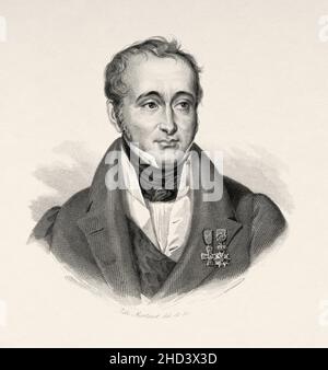 Baron Guillaume Dupuytren (1777-1835) französischer Anatom und Militärchirurg. Seinen Namen gab er einer im Jahr 1831 beschriebenen irreduziblen Kontraktur der Handfläche und einer Art Knöchelbruch. Frankreich. Europa. Alte gravierte Illustration aus dem 19th. Jahrhundert von Portraits et histoire des hommes utile von Societe Montyon et Franklin 1837 Stockfoto