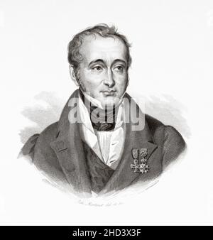 Baron Guillaume Dupuytren (1777-1835) französischer Anatom und Militärchirurg. Seinen Namen gab er einer im Jahr 1831 beschriebenen irreduziblen Kontraktur der Handfläche und einer Art Knöchelbruch. Frankreich. Europa. Alte gravierte Illustration aus dem 19th. Jahrhundert von Portraits et histoire des hommes utile von Societe Montyon et Franklin 1837 Stockfoto