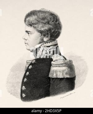 Jules Poret de Blosseville (1802-1833) war ein französischer Marineoffizier, Geograph und Entdecker, trat im Alter von 16 Jahren der französischen Marine bei und nahm an einer Expedition Teil, die den Südpazifik erforschte und die Welt umrundete. Er verschwand im August 1833, während er seine eigene Expedition in die Arktis leitete. Frankreich. Europa. Alte gravierte Illustration aus dem 19th. Jahrhundert von Portraits et histoire des hommes utile von Societe Montyon et Franklin 1837 Stockfoto