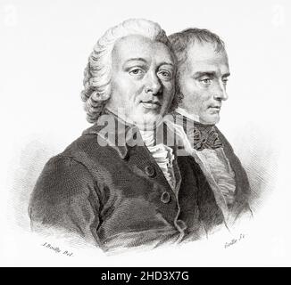 Pierre Joseph Desault (1744-1795) illustrer französischer Anatom und Chirurg des späten 18th. Jahrhunderts. Er war Arzt des Sohnes Ludwigs XVI. Von Frankreich während seiner Haft im Gefängnis Tour du Temple während der Französischen Revolution. Marie François Xavier Bichat (1771-1802), besser bekannt als Xavier Bichat, war eine französische Biologin, Anatomin und Physiologin. Frankreich. Europa. Alte gravierte Illustration aus dem 19th. Jahrhundert von Portraits et histoire des hommes utile von Societe Montyon et Franklin 1837 Stockfoto