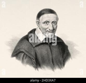 Saint Vincent de Paul (1581-1660) Französisch katholischen Priester. Eine der repräsentativsten Persönlichkeiten des Katholizismus im Frankreich des 17. Jahrhunderts, der 1617 die Konferenzen der Nächstenliebe ins Leben rief, auch die Kongregation der Mission, die von Ludwig XIII. Auch Paúles Missionare, Royal Limosnero genannt wurde Frankreich. Europa. Alte gravierte Illustration aus dem 19th. Jahrhundert von Portraits et histoire des hommes utile von Societe Montyon et Franklin 1837 Stockfoto