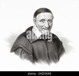 Saint Vincent de Paul (1581-1660) Französisch katholischen Priester. Eine der repräsentativsten Persönlichkeiten des Katholizismus im Frankreich des 17. Jahrhunderts, der 1617 die Konferenzen der Nächstenliebe ins Leben rief, auch die Kongregation der Mission, die von Ludwig XIII. Auch Paúles Missionare, Royal Limosnero genannt wurde Frankreich. Europa. Alte gravierte Illustration aus dem 19th. Jahrhundert von Portraits et histoire des hommes utile von Societe Montyon et Franklin 1837 Stockfoto