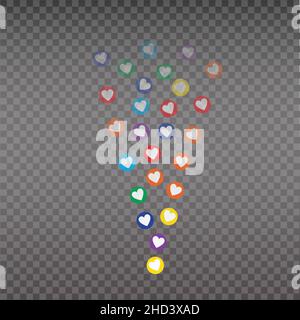 Leben Sie wie, fliegende Farbe Herzen für Strom. Live-Videos und „Fliegen gefällt mir“. Social-Media-Elemente fallen. Stock Vektor