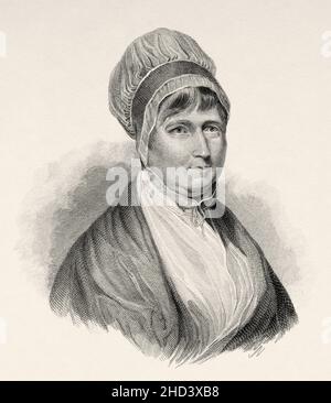 Elizabeth Fry (1780-1845) war eine englische Gefängnisreformerin, Sozialreformerin, Philanthropin und Quäkerin. VEREINIGTES KÖNIGREICH. Europa. Alte gravierte Illustration aus dem 19th. Jahrhundert von Portraits et histoire des hommes utile von Societe Montyon et Franklin 1837 Stockfoto