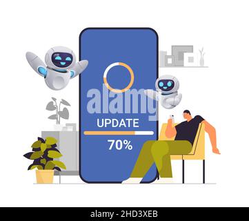 Mann mit Robotern Helfer Update Betriebssystem Update-Prozess installieren neue Software auf Smartphone künstliche Intelligenz Stock Vektor